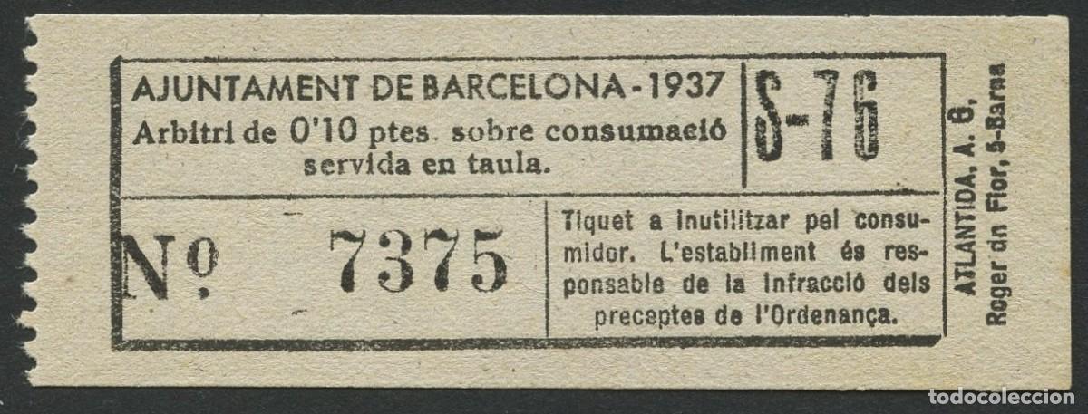 Briefmarken: GUERRA CIVIL, T&Iacute;QUET, ARBITRIO FISCAL, AJUNTAMENT DE BARCELONA, VALOR: 0,10 PTS., 1937