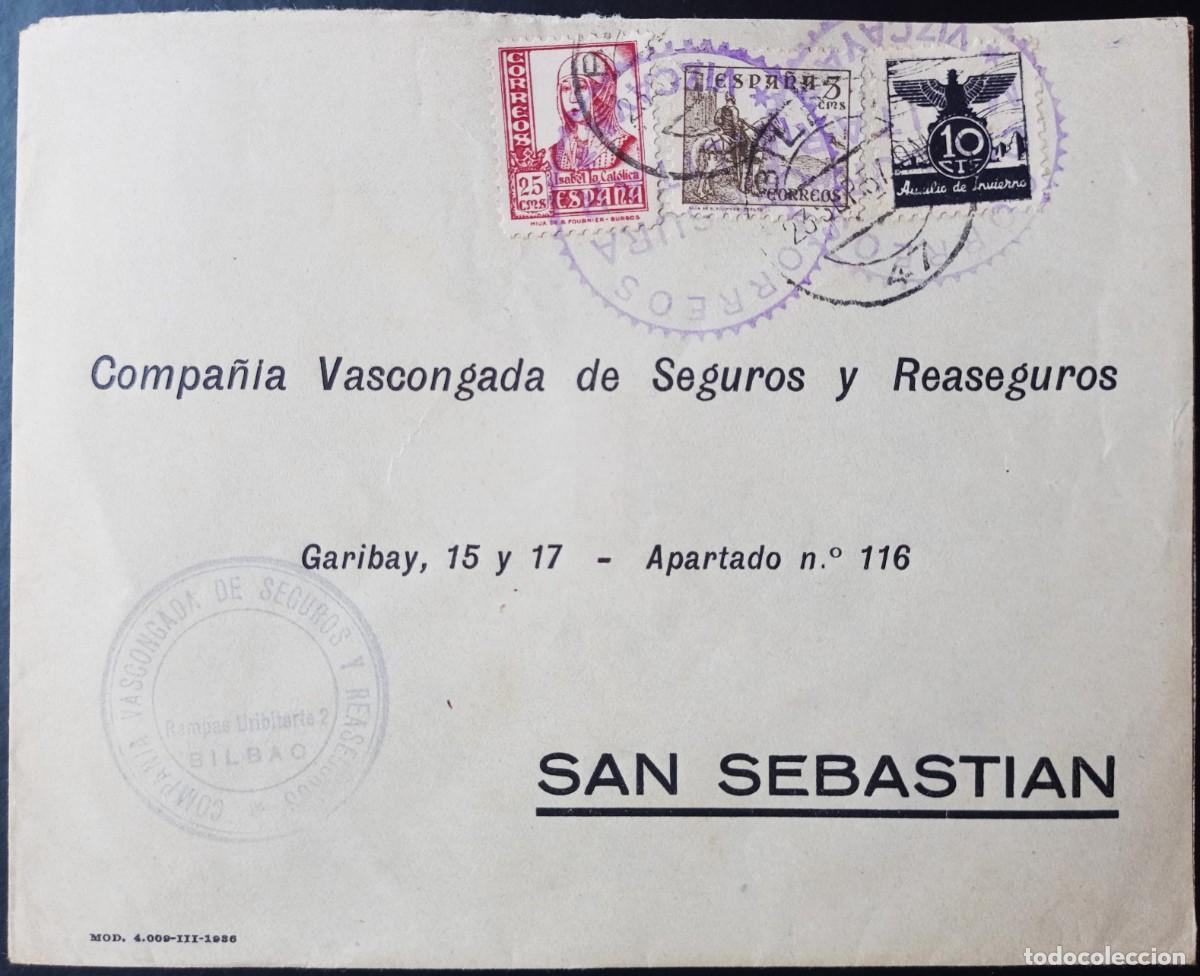 Sellos: 1938 Censura Militar Vizcaya. Sobre y tamp&oacute;n Compa&ntilde;ia Vascongada de Seguros y Reaseguros - Foto 1