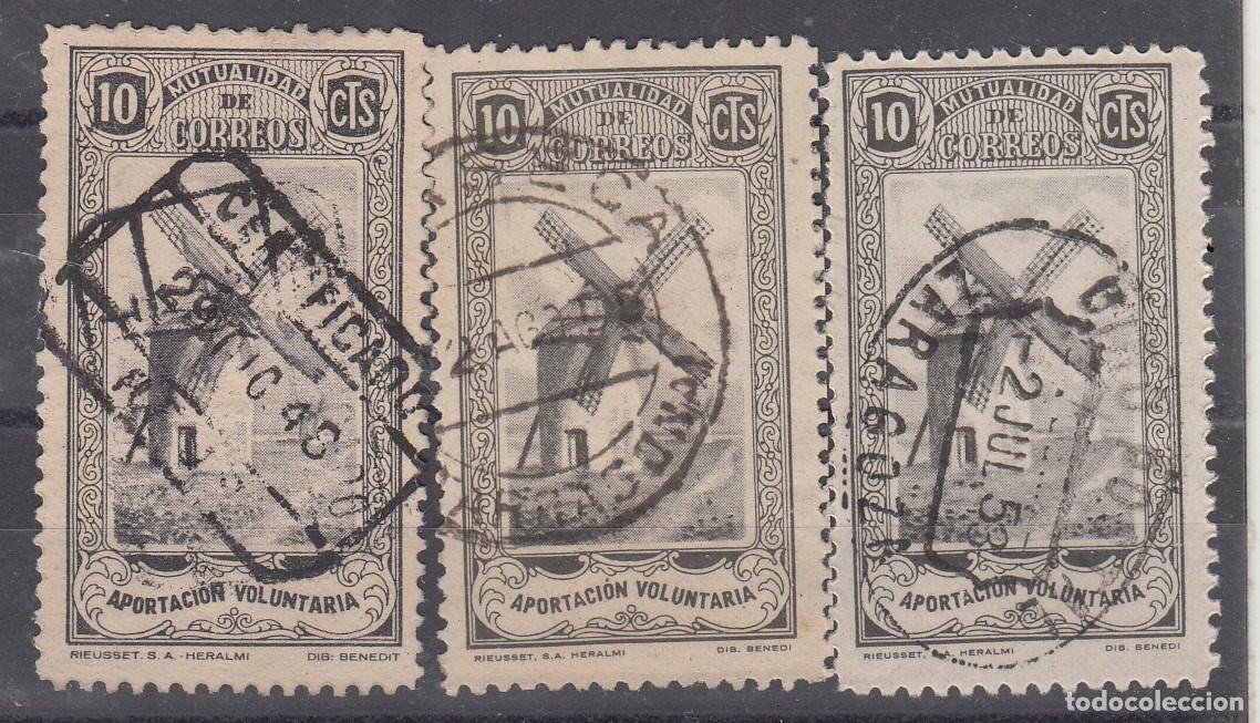 Timbres: MUTUALIDAD DE CORREOS. 10 C&Eacute;NTIMOS. APORTACI&Oacute;N VOLUNTARIA. 3 SELLOS CON DISTINTOS MATASELLOS.