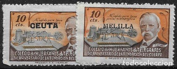 Timbres: BENEFICENCIA Hu&eacute;rfanos de tel&eacute;grafos, 1945 90 Aniv&ordm;, Ceuta y Melilla G&Aacute;LVEZ n&ordm; 56 y 60 * *