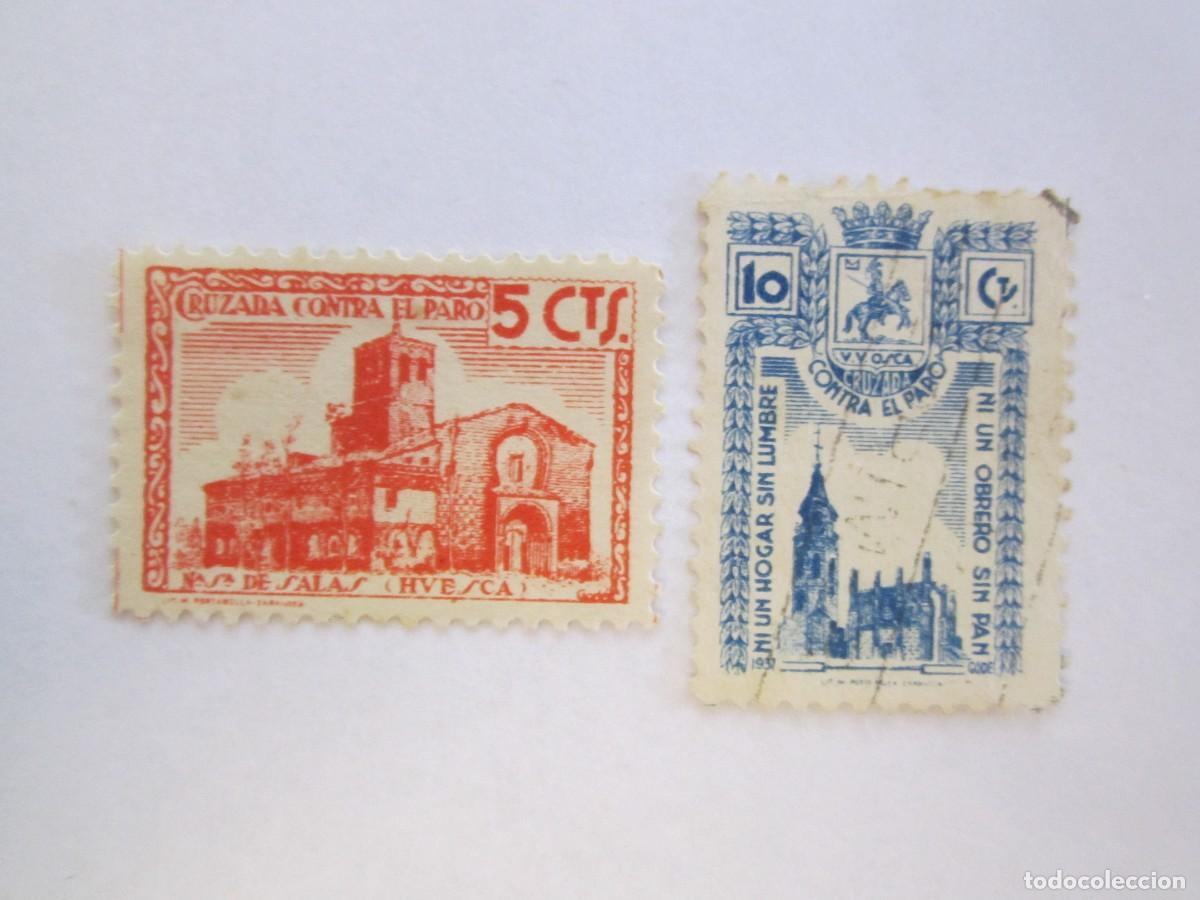Timbres: LOTE DE 2 SELLOS BENEFICOS CRUZADA CONTRA EL PARO, NI UN OBRERO SIN PAN HUESCA S/C