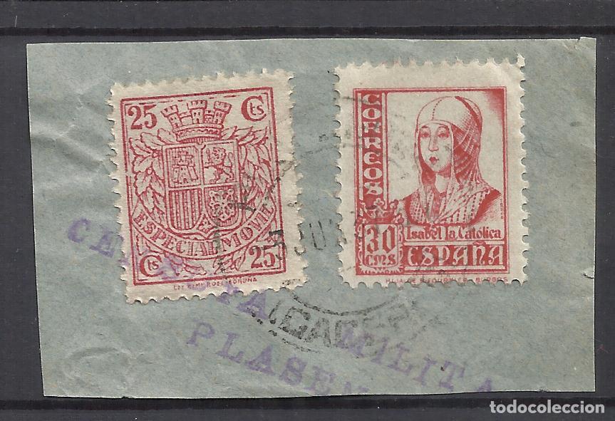 Stamps: fechador 1937 de plasencia con sello fiscal y censura militar sobre fragmento
