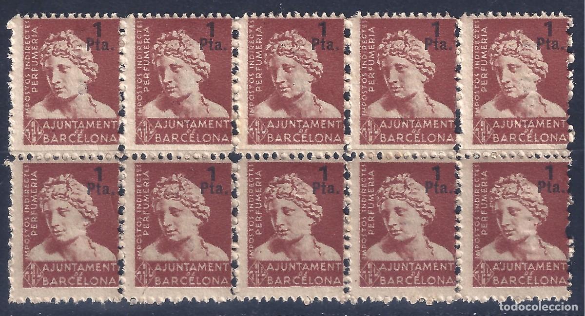 Sellos: AJUNTAMENT DE BARCELONA. IMPOSTOS INDIRECTES PERFUMER&Iacute;A. (BLOQUE DE 10 SELLOS FISCALES). MNH **