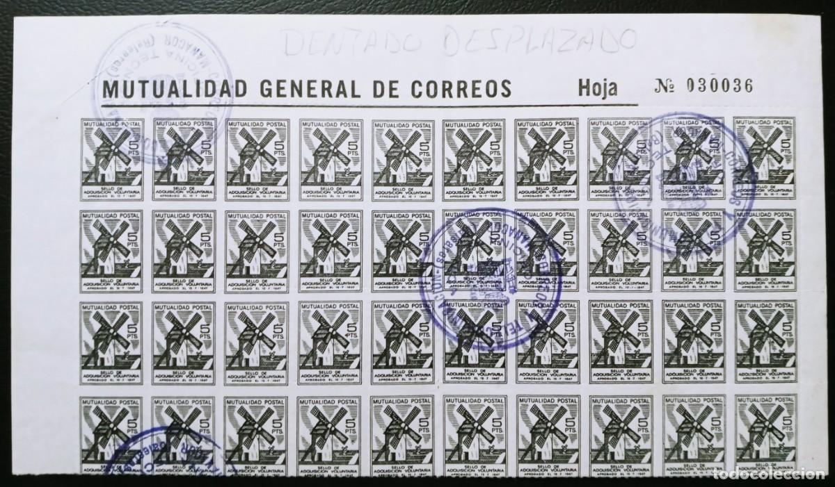 Briefmarken: MUTUALIDAD DE CORREOS - 40 SELLOS DE 5 PTS EN BLOQUE USADOS - DENTADO DESPLAZADO - 3 FOTOS