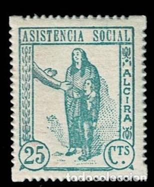 Briefmarken: Guerra Civil ALCIRA (Valencia) ASISTENCIA SOCIAL Fesofi n&ordm; 3 Valor 25 Cts. Color VERDE AZULADO