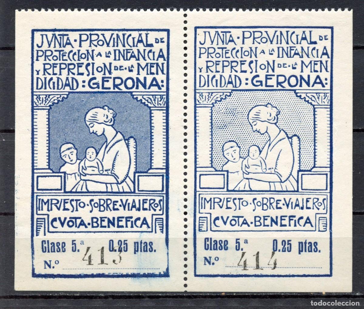 Briefmarken: GERONA - GIRONA SELLO LOCAL NACIONAL EDIFIL N&ordm;12 PAREJA DOS TONALIDADES DE AZUL.