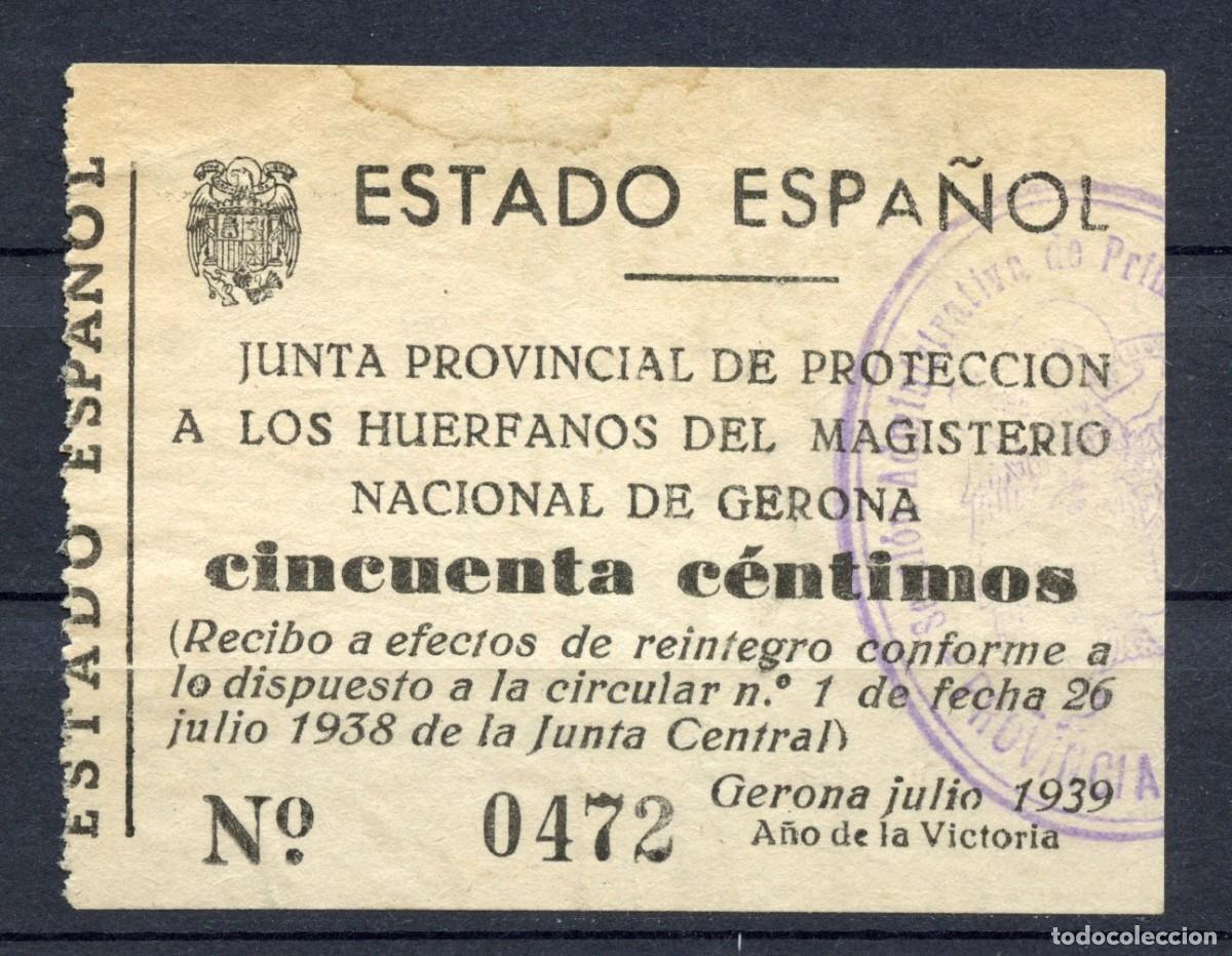 Briefmarken: GIRONA - GERONA. SELLO LOCAL NACIONAL. 50 CTS. PROTECCION HU&Eacute;RFANOS MAGISTERIO. JULIO 1939. S/CAT.