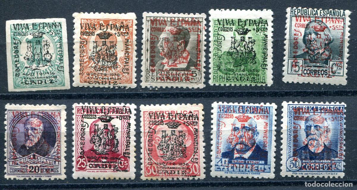 Briefmarken: Edifil 1/10 de emisiones patri&oacute;ticas de C&aacute;diz. Ver descripci&oacute;n.