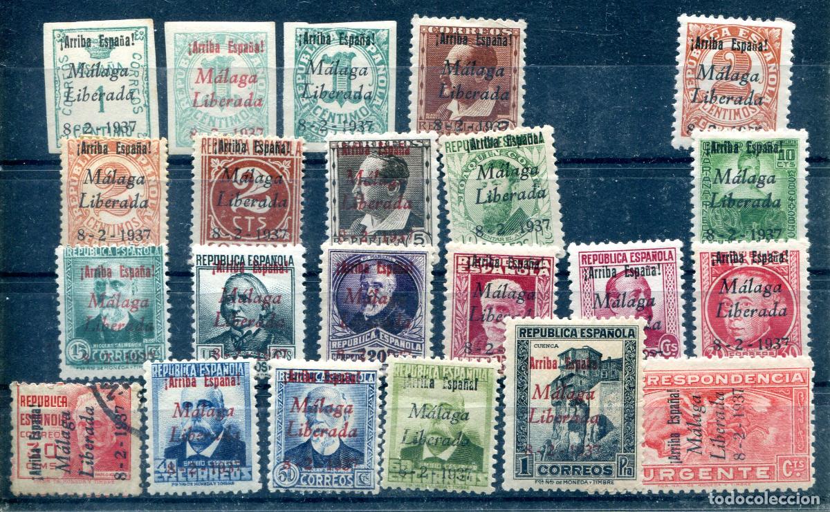 Briefmarken: Edifil 1 al 24 de emisiones patri&oacute;ticas de M&aacute;laga. Ver descripci&oacute;n.