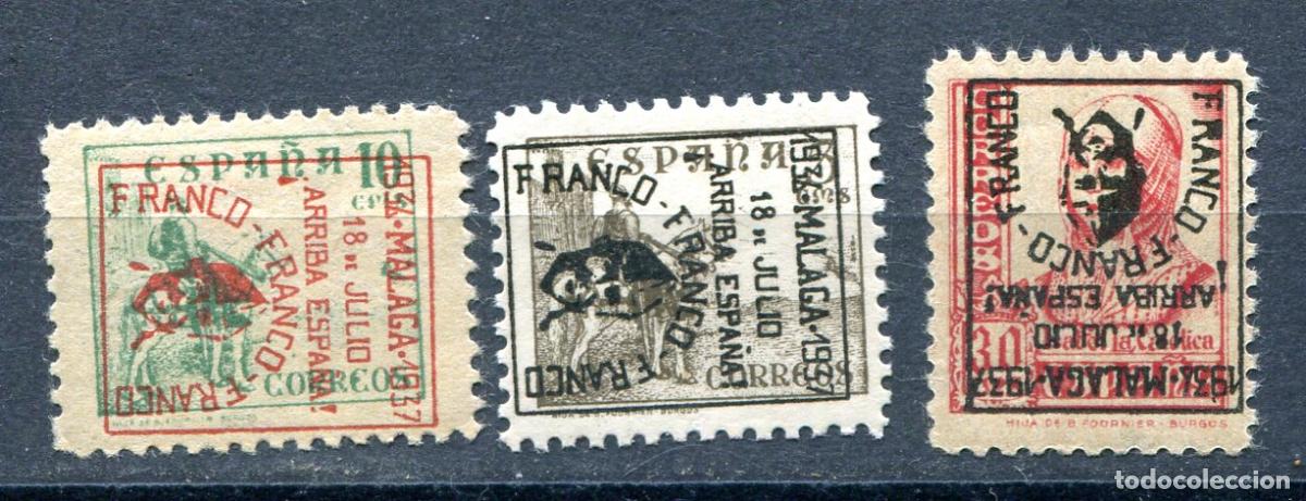Briefmarken: 3 sellos de emisiones patri&oacute;ticas de M&aacute;laga, con variedades. Ver descripci&oacute;n.