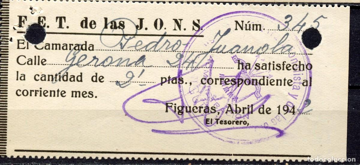 Briefmarken: FIGUERAS (GERONA). FALANGE FET - JONS. CUOTA DE ABRIL DE 1942. 2 PESETAS