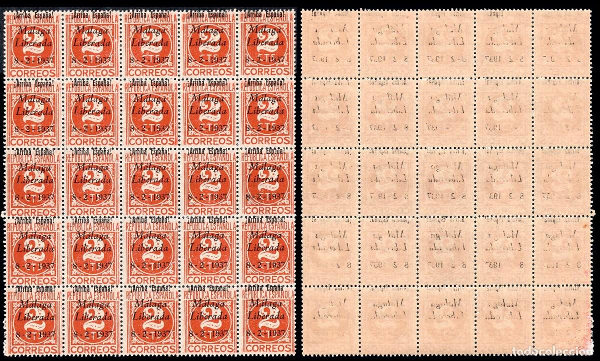 Briefmarken: Espa&ntilde;a - Em. Locales Patri&oacute;ticas - M&aacute;laga - Edi ** 8 Bl. 25 - Diversos errores impresi&oacute;n + calcado