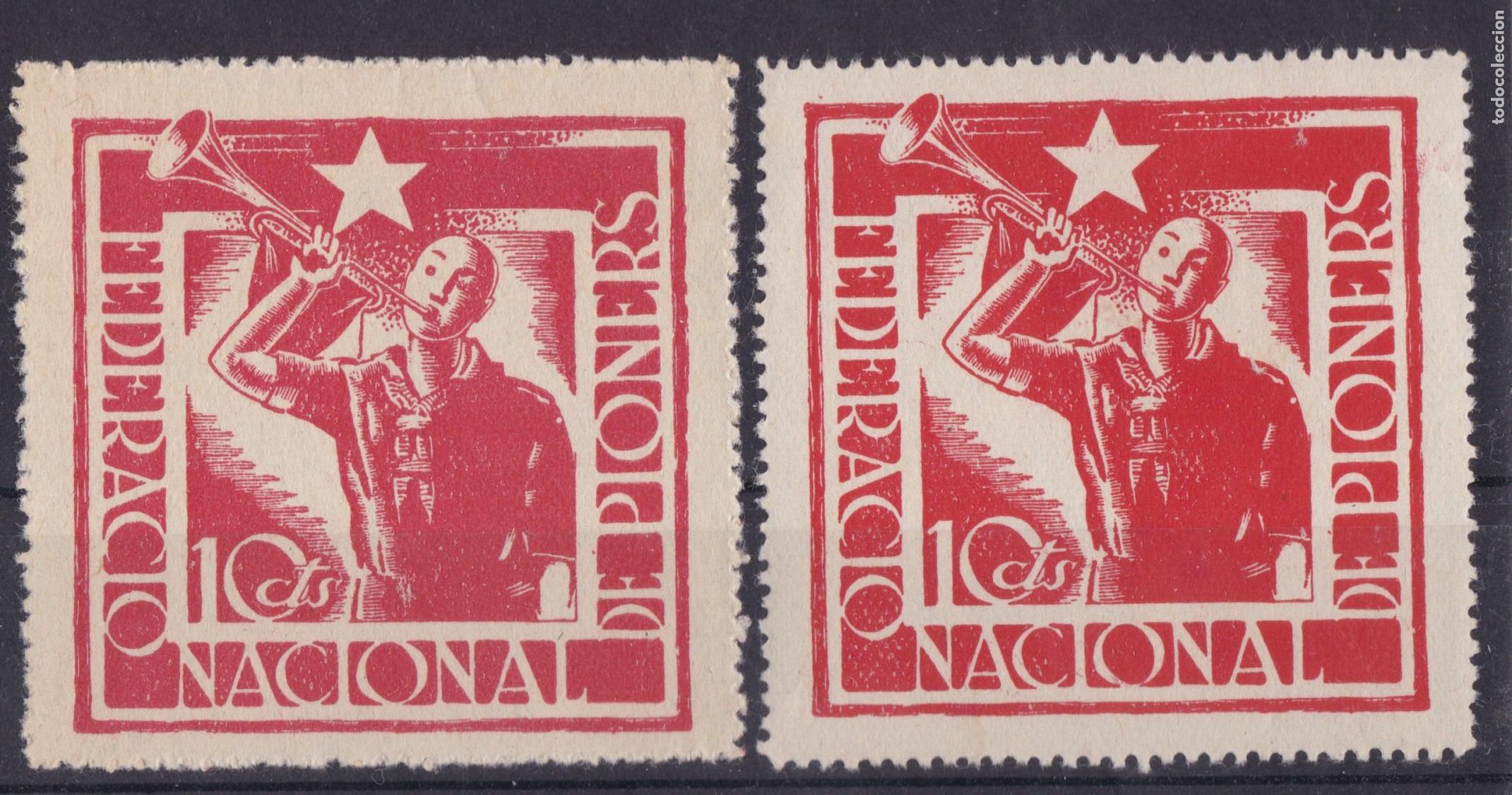 Sellos: SS10-Guerra Civil Vi&ntilde;etas Federacio Nacional PIONERS x2 VARIEDAD Rojo y Carm&iacute;n .Nuevos **/*