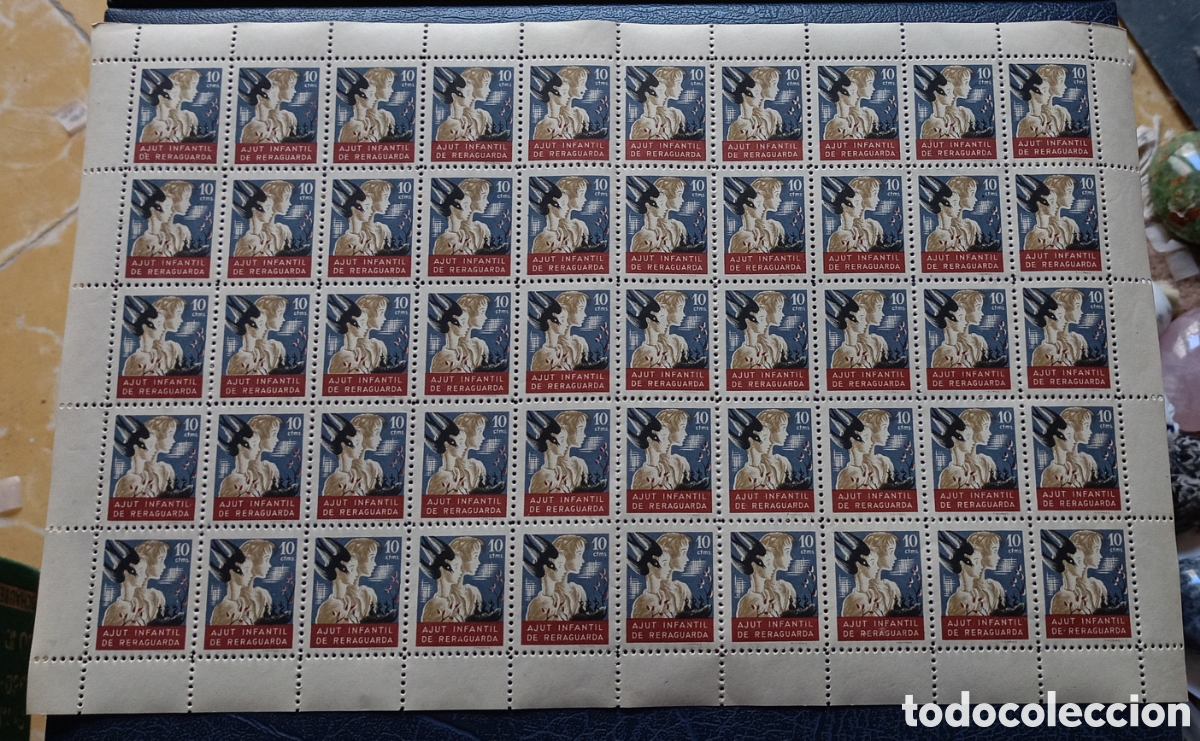 Sellos: Espa&ntilde;a 1936-1939 - Guerra Civil - Pliego de 50 sellos de 10 c. &rdquo;Ajut Infantil de Reraguardia&rdquo;
