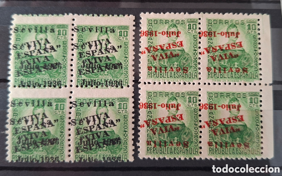 Sellos: Emisiones patrioticas Sevilla bloque de 4 error sobrecarga negro y rojo invertida y doble