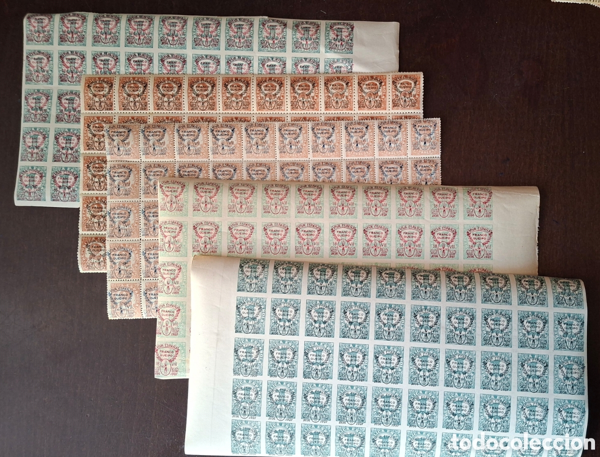 Sellos: Patrioticos Sevilla 250 sellos en 5 pliegos de 50 viva Espa&ntilde;a Franco Queipo