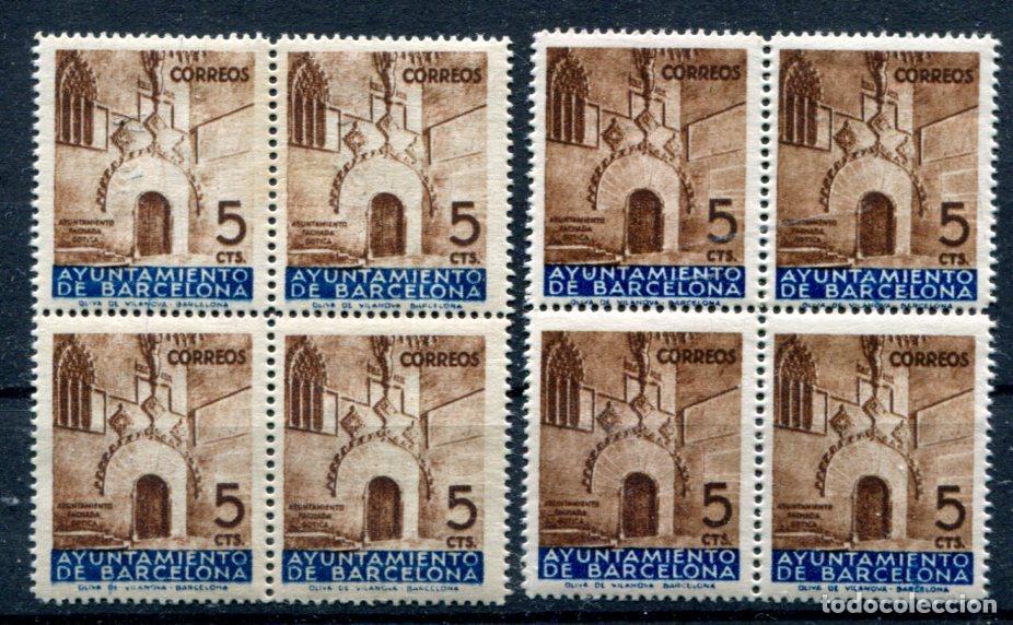 Sellos: Edifil 13 de Barcelona. Dos bloques de 4, nuevos sin fijasellos. Distinto color