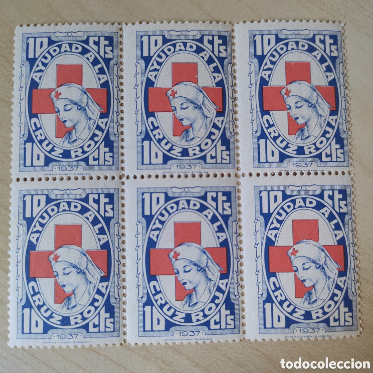 Sellos: a55 Ayudad a la Cruz Roja 10 cts RARO bloque 6 Allepuz 2222 Afinet 165