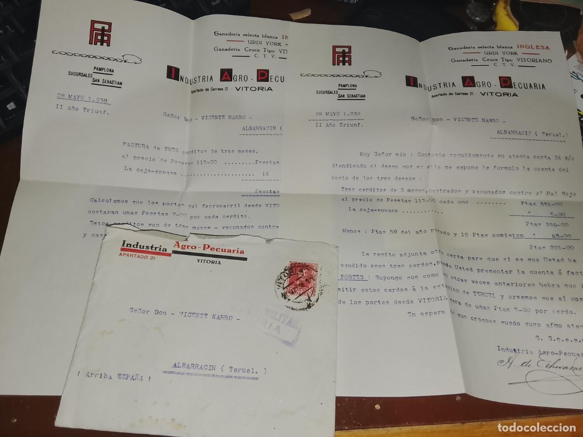 Sellos: Industria Agro-Pecuaria-Vitoria-Con Factura y Carta-Firma A.Echevarrieta-28/05/1938-Censura Militar