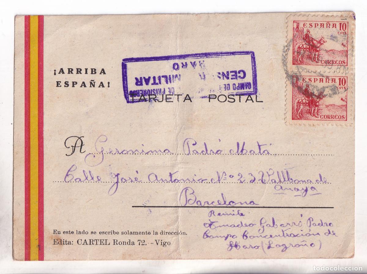 Sellos: TARJETA CAMPO DE CONCENTRACI&Oacute;N. HARO. LA RIOJA. 1939. CENSURA MILITAR