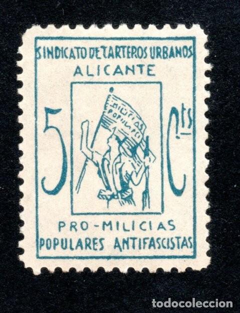 Sellos: ALICANTE. SINDICATO DE CARTEROS URBANOS. PRO-MILICIAS POPULARES ANTIFASCISTAS. 5 CTS.