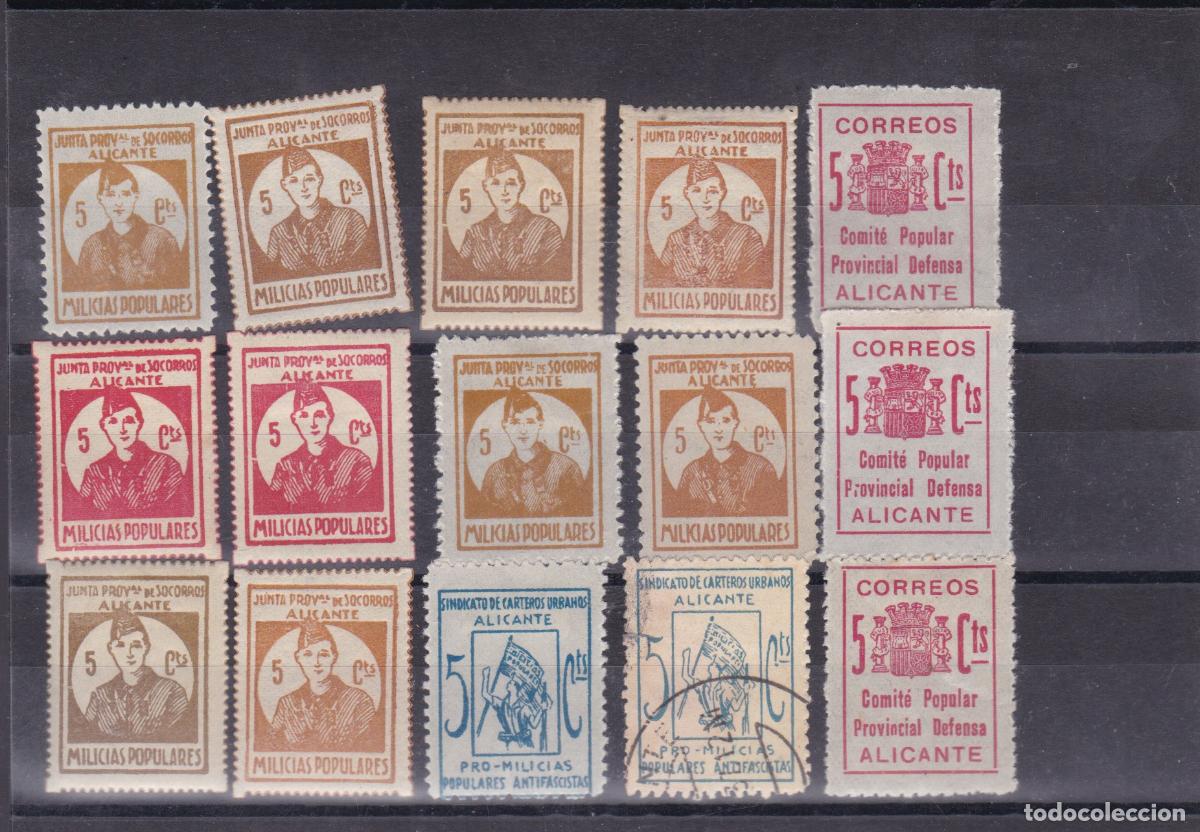 Sellos: SS30- Guerra Civil. Lote 15 Vi&ntilde;etas Variedades MILICIAS y Otros ALICANTE