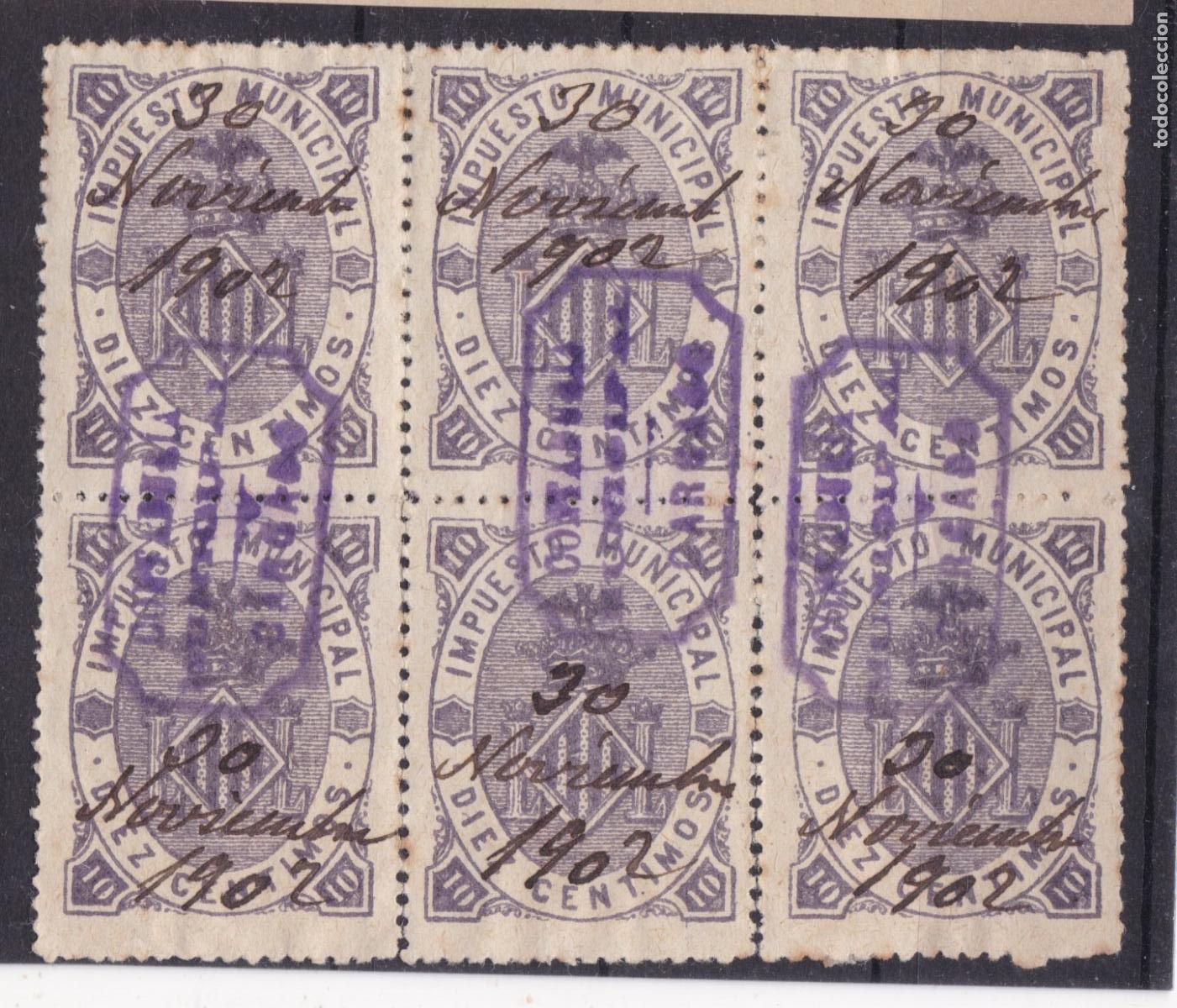 Sellos: SS34- FISCALES MUNICIPALES VALENCIA 10 Ct BLOQUE de 6 Usados 1902
