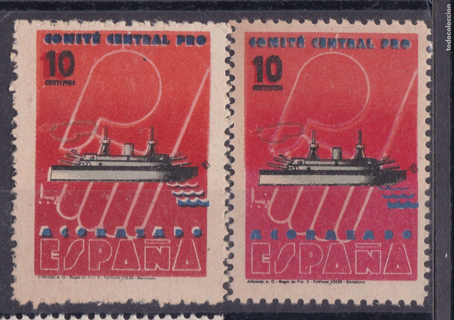 Sellos: SS4- Guerra Civil Vi&ntilde;eta PRO ACORAZADO ESPA&Ntilde;A. x 2. VARIEDAD ** Sin Fijasellos