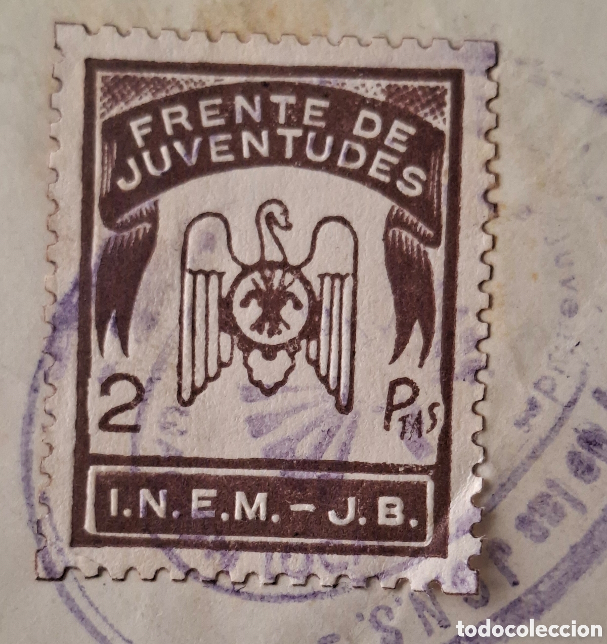Sellos: Frente de Juventudes Falange vi&ntilde;eta 2 ptas sobre documento