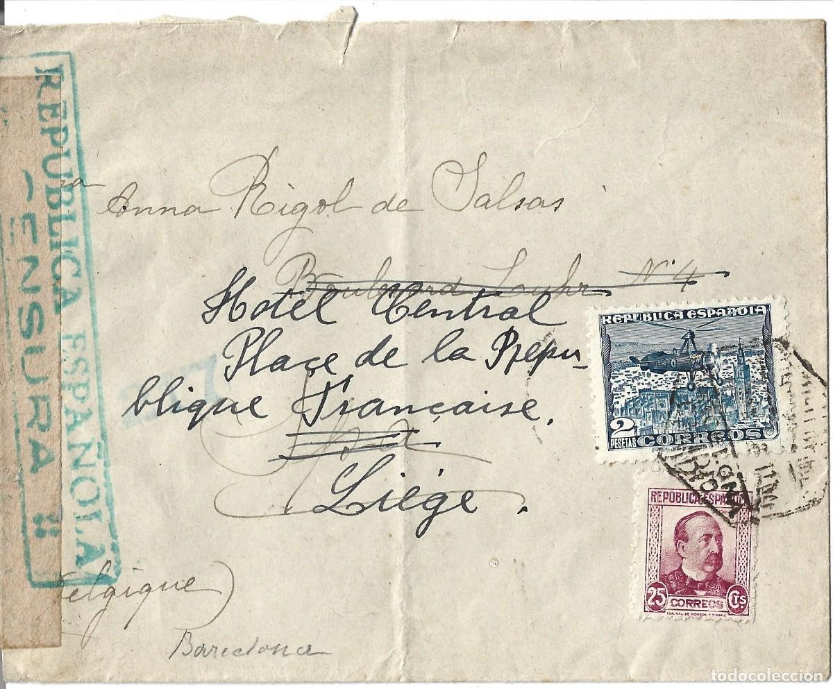 Sellos: 1938 Carta guerra civil Barcelona a Lieja. correo a&eacute;reo AUTOGIRO