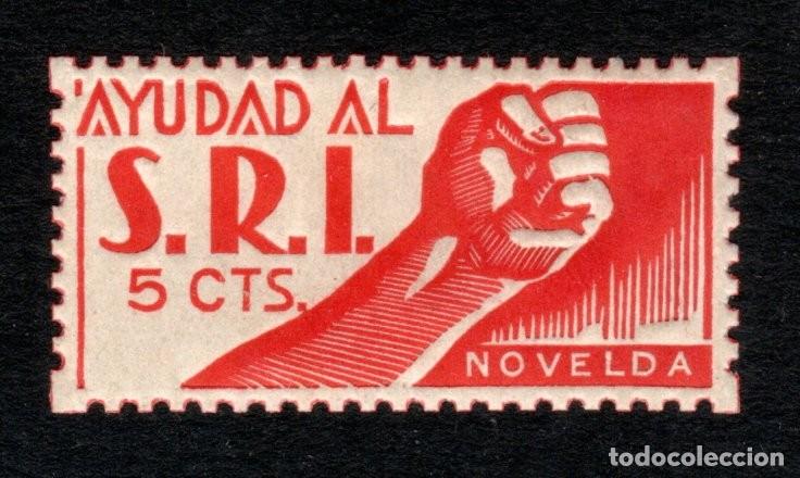 Sellos: NOVELDA (ALICANTE). AYUDAD AL SOCORRO ROJO INTERNACIONAL. 5 CTS.