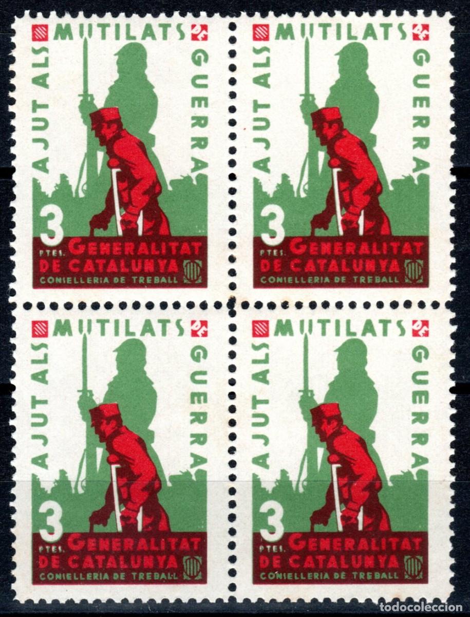 Sellos: AJUT ALS MUTILATS DE GUERRA. GENERALITAT DE CATALUNYA. CONSELLERIA DE TREBALL. 3 PTES. (BLOQUE DE 4)