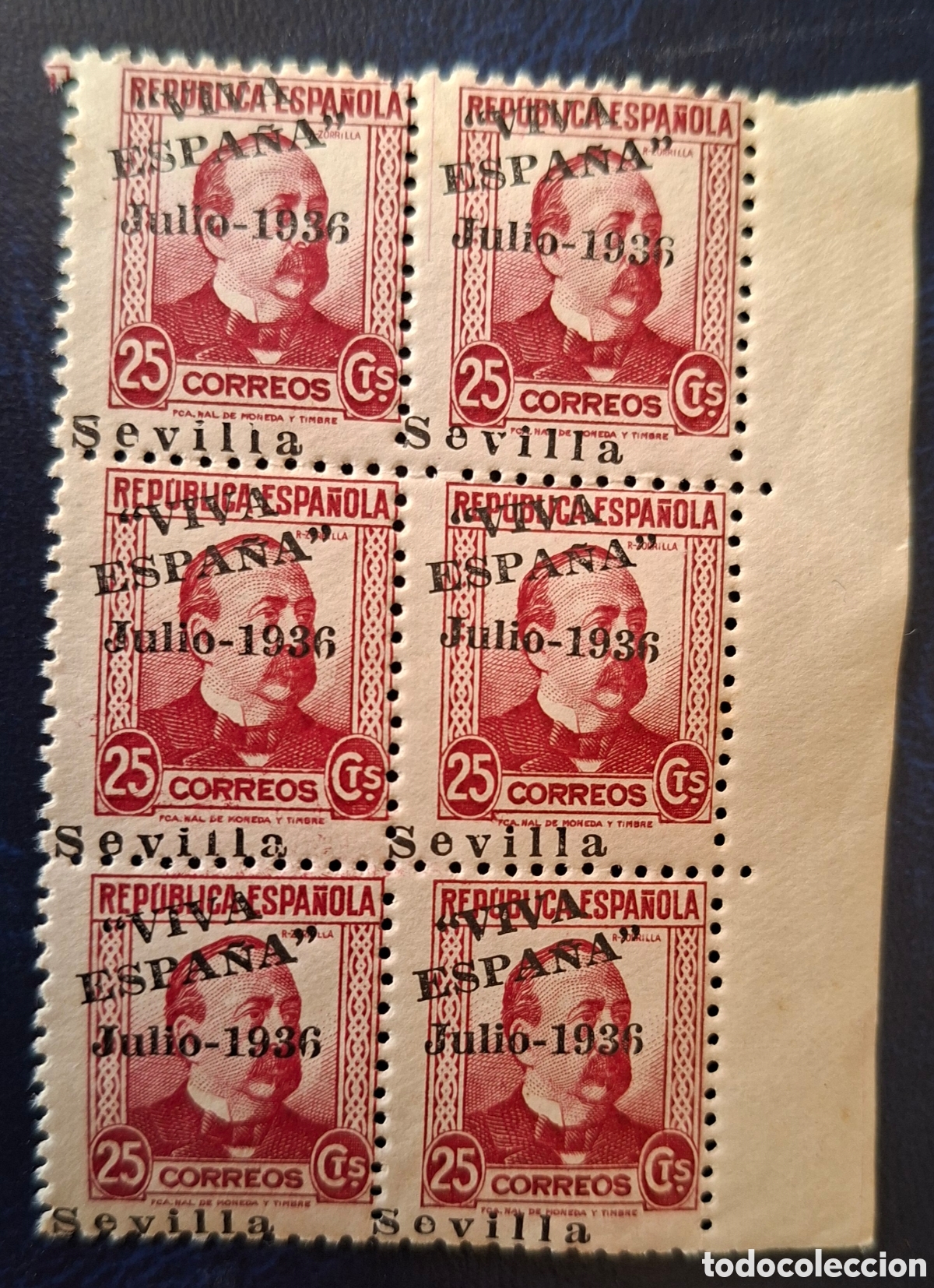 Sellos: Emisiones patrioticas Sevilla bloque de 6 sellos variedad sobrecarga desplazada nuevos **