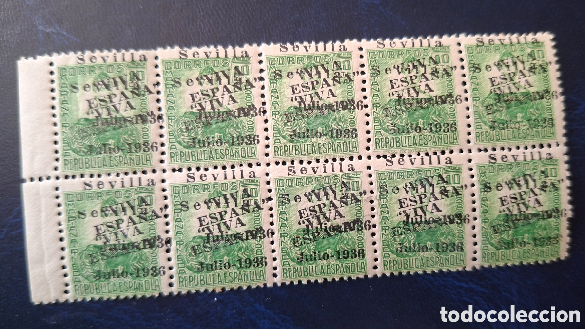 Sellos: Emisiones patrioticas Sevilla bloque de 10 sellos error sobrecarga doble