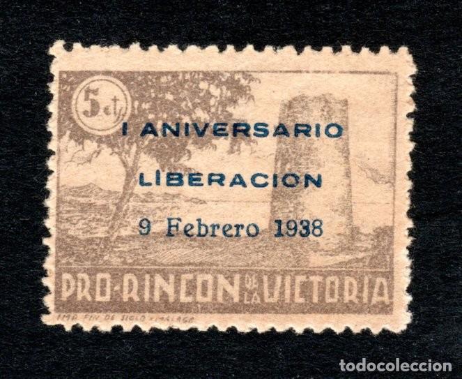 Sellos: PRO-RINC&Oacute;N DE LA VICTORIA (M&Aacute;LAGA). 5 CTS. SOBRECARGA &rdquo;I ANIVERSARIO LIBERACI&Oacute;N 9 FEBRERO 1938&rdquo;.