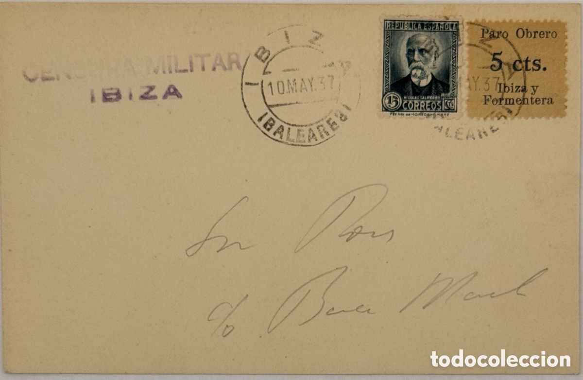 Sellos: Ibiza tarjeta postal filat&eacute;lica 1937 con censura militar Ibiza. Y sello loca de 5 cts.