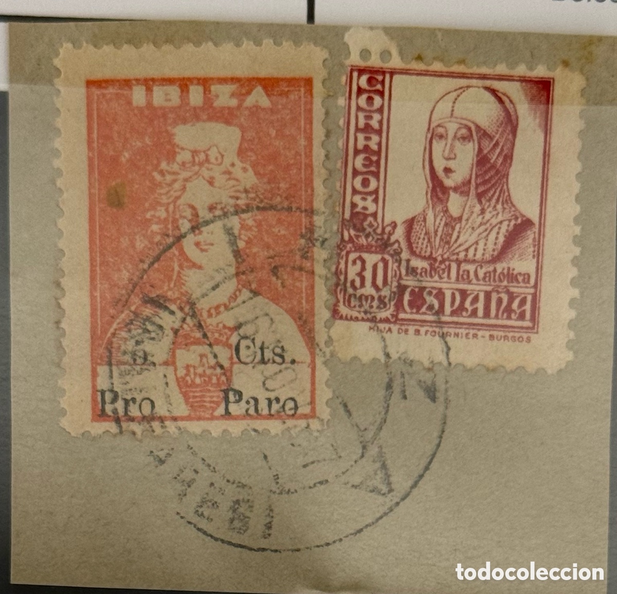 Sellos: Ibiza sello loca de Tanit 5 cts rojo claro junto a sello 40 cts Cid E Isabel