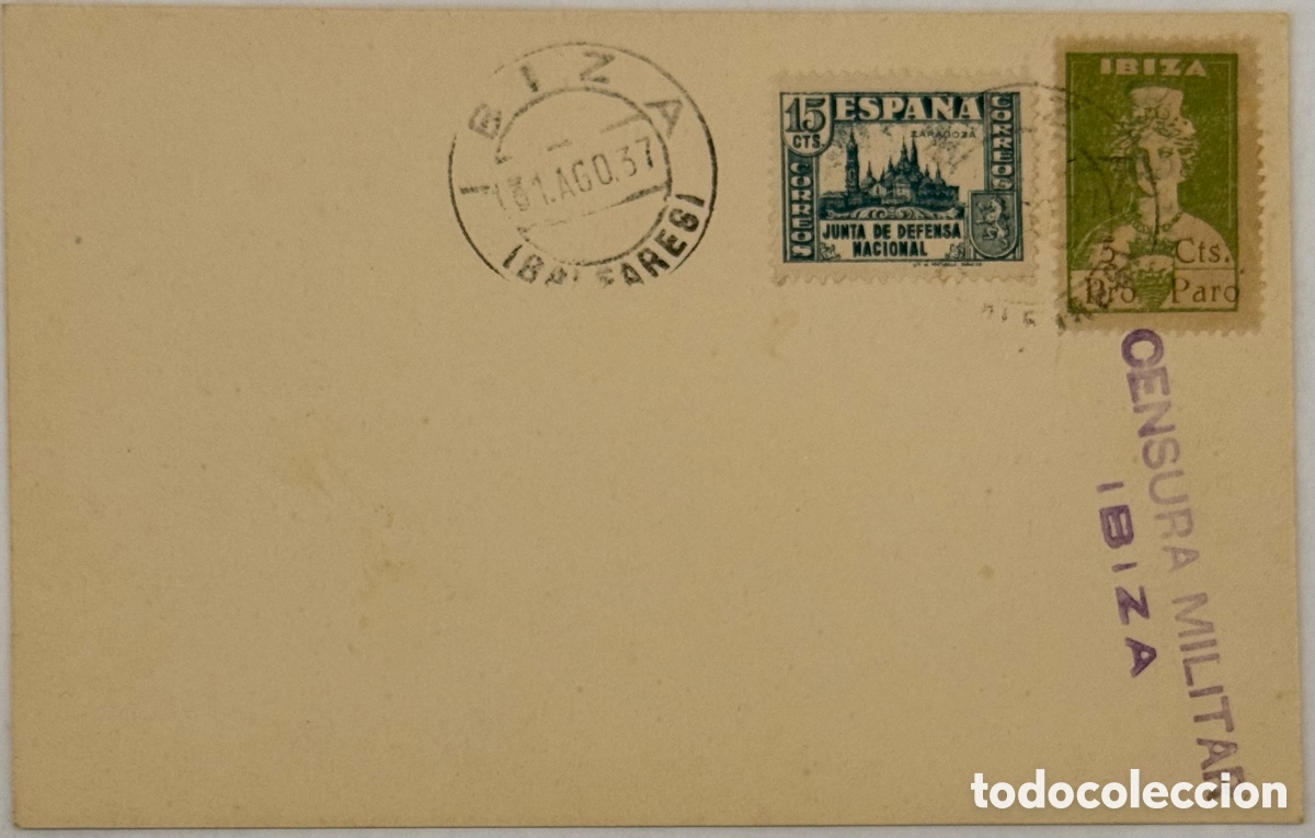 Sellos: Ibiza tarjeta filat&eacute;lica 1937 censura militar y sello local de Ibiza Tanit 5 cts
