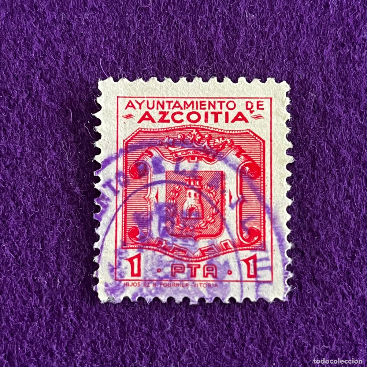 Sellos: VI&Ntilde;ETA. FISCAL. TIMBRE AYUNTAMIENTO DE AZCOITIA (GUIPUZCOA). 1 PESETA. FOURNIER VITORIA.