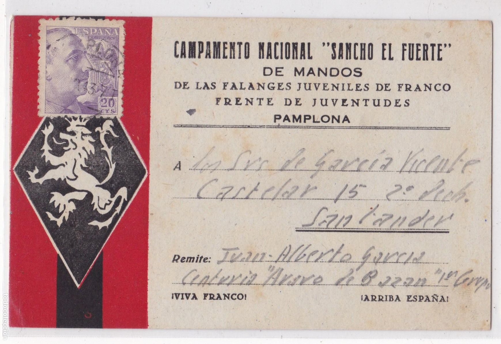 Sellos: F6-74- Guerra Civil Tarjeta Postal Campamento SANCHO EL FUERTE.PAMPLONA Falange/ Frente Juventudes