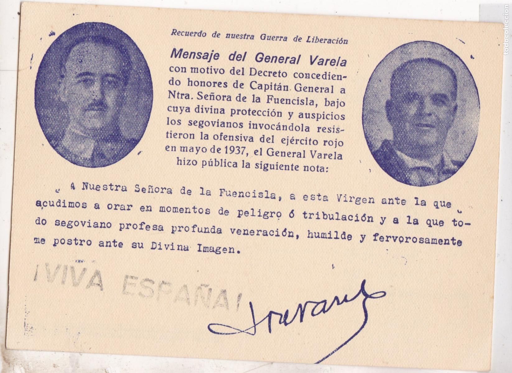 Sellos: F6-75- Guerra Civil Tarjeta Patri&oacute;tica FRANCO / VARELA Virgen de la Fuencisla Resistencia SEGOVIA