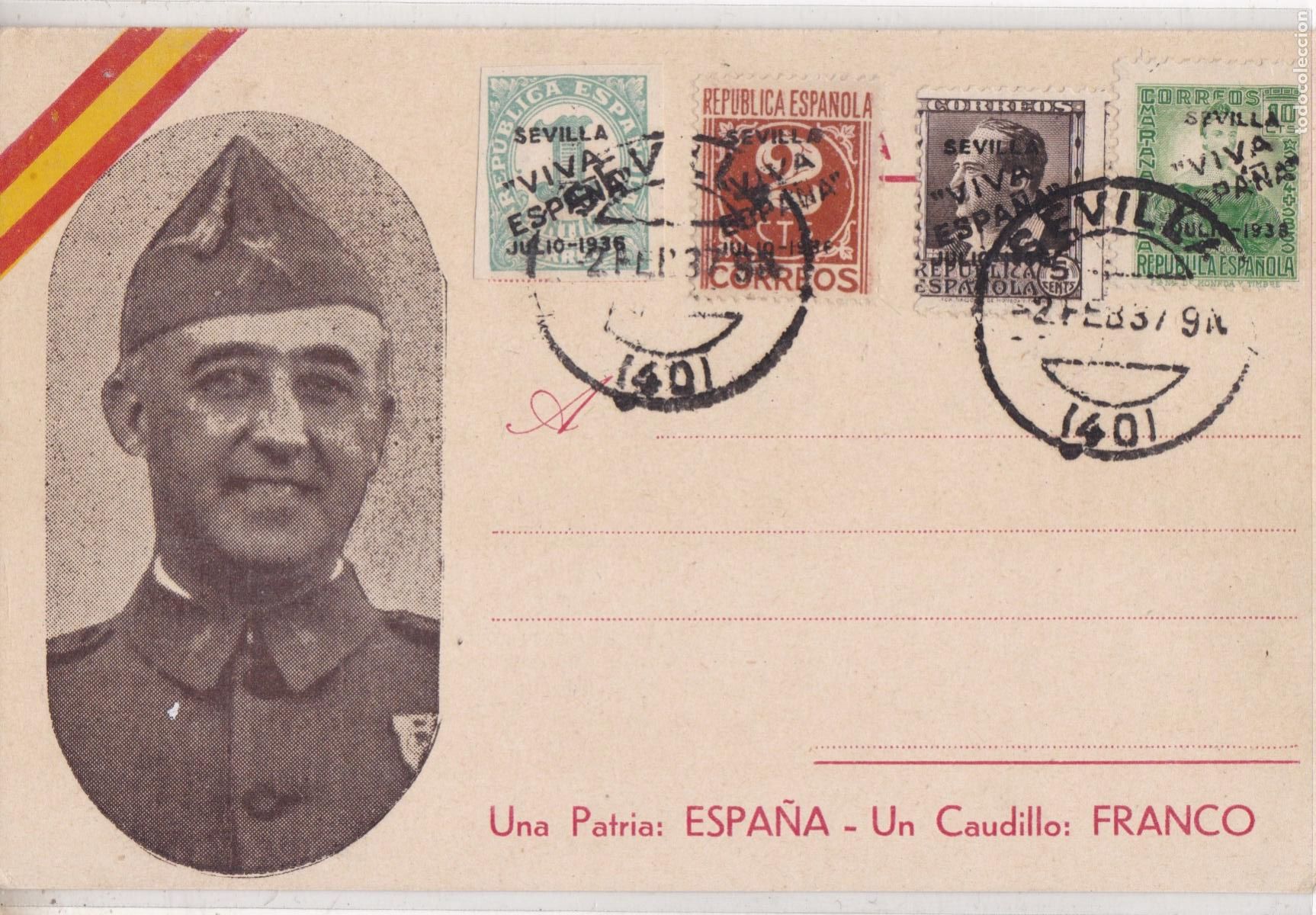 Sellos: F6-78- Guerra Civil Tarjeta Postal Patri&oacute;tica FRANCO 1937. Locales/Patri&oacute;ticos SEVILLA