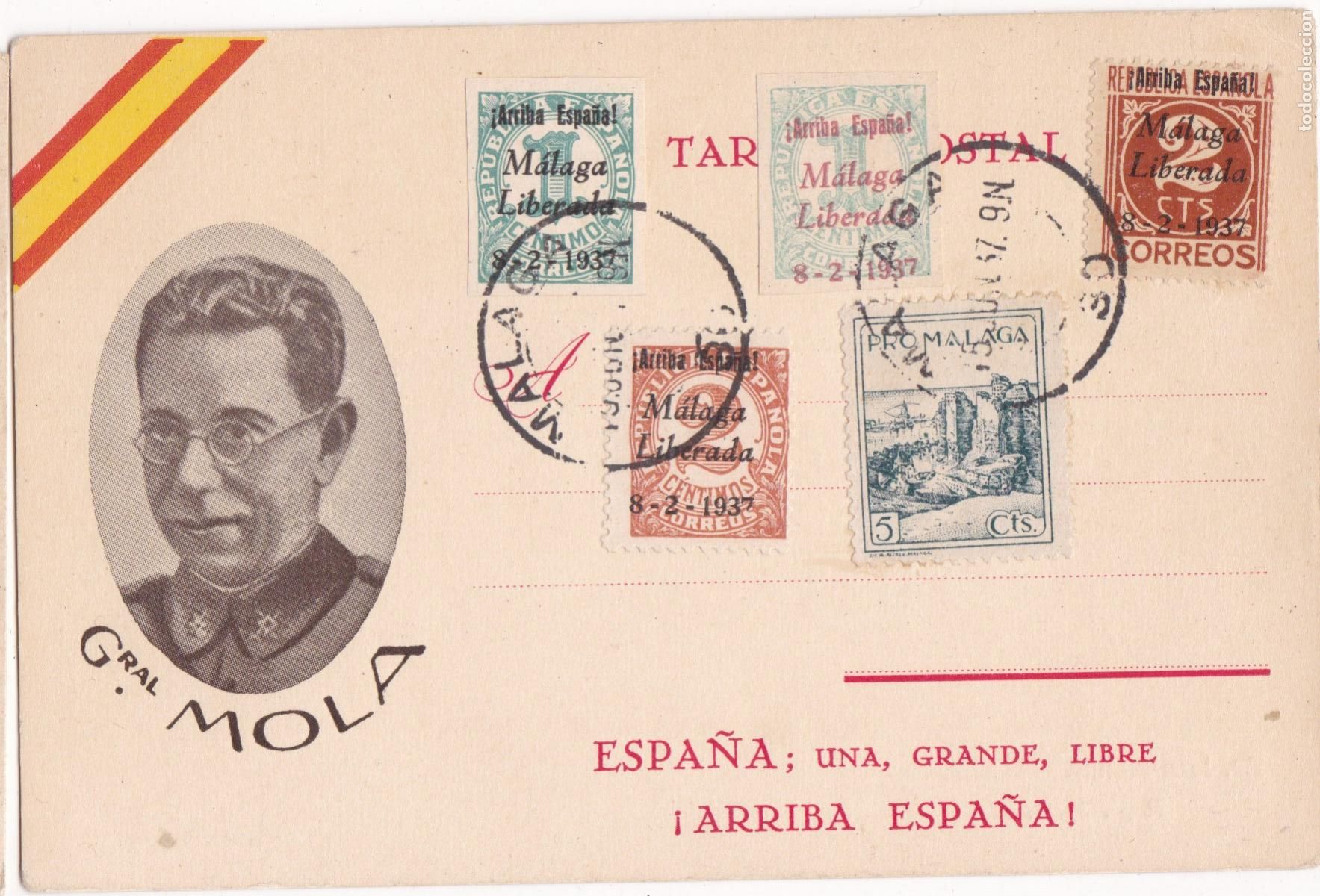 Sellos: F6-79- Guerra Civil Tarjeta Postal Patri&oacute;tica GENERAL MOLA 1937. Locales/Patri&oacute;ticos MALAGA