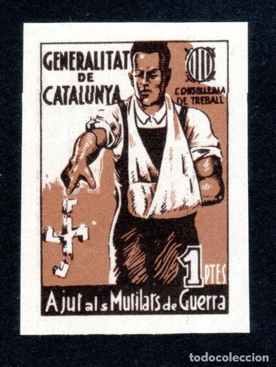 Sellos: AJUT ALS MUTILATS DE GUERRA. GENERALITAT DE CATALUNYA. CONSELLERIA DE TREBALL. SIN DENTAR. 1 PTES.