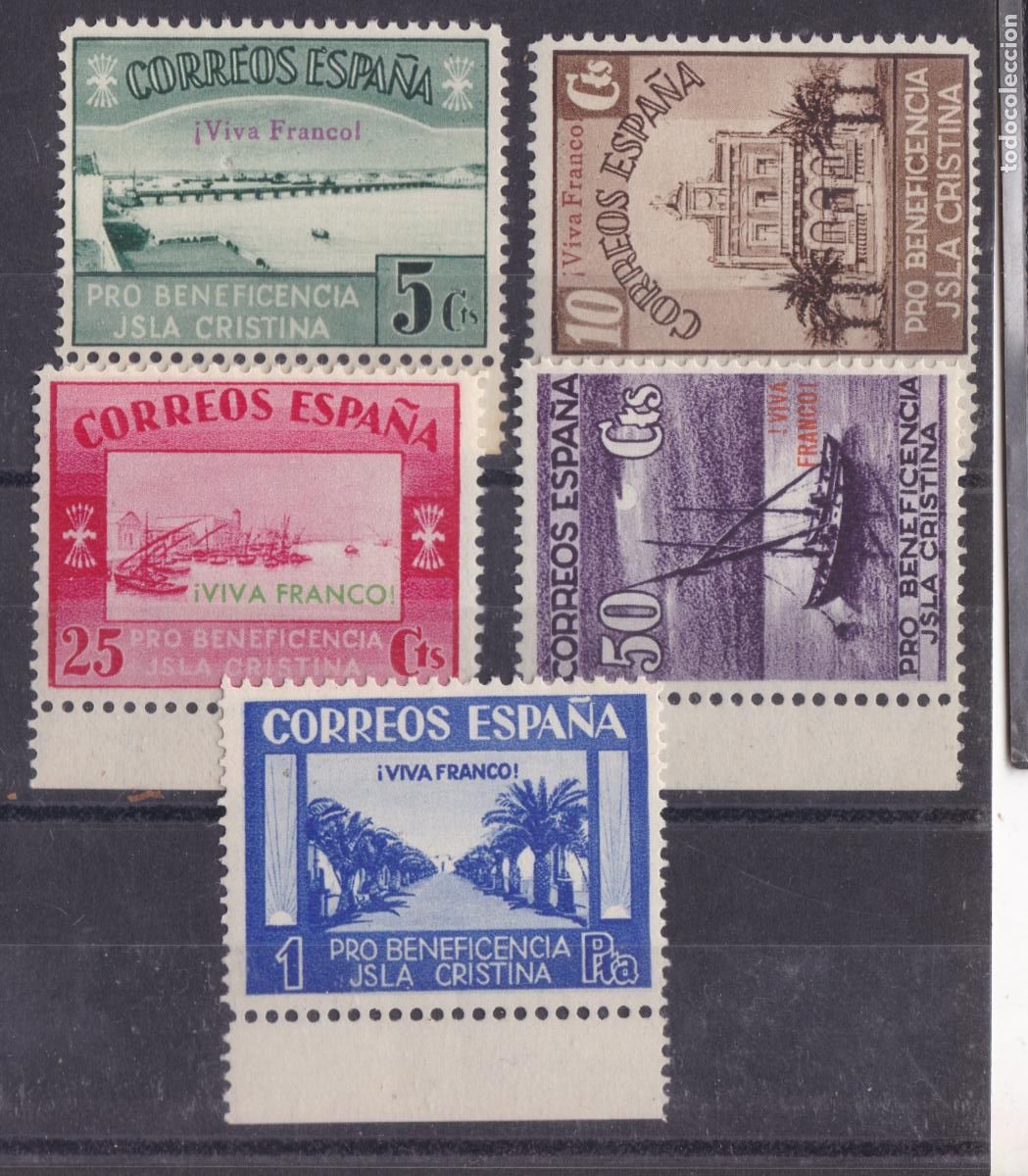 Sellos: SS46- Guerra Civil ISLA CRISTINA x 5 Vi&ntilde;etas VIVA FRANCO ** Sin Fijasellos . Borde Hoja . LUJO