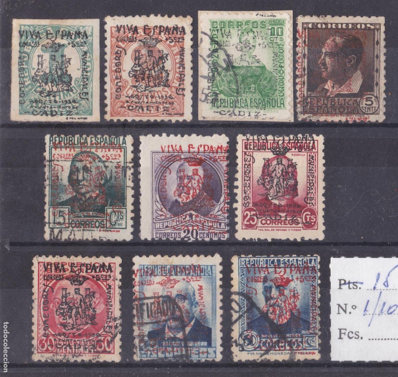 Sellos: SS47- Guerra Civil ILocales Patri&oacute;ticos CADIZ 1/10