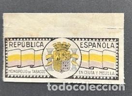 Sellos: Republica Espa&ntilde;ola Etiqueta.Monopolio tabaco en Ceuta y Melilla