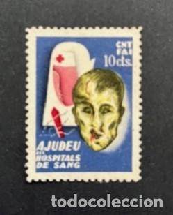 Sellos: C.N.T.-F.A.I.- AJUDEU ELS HOSPITALS DE SANG. 10 CTS.