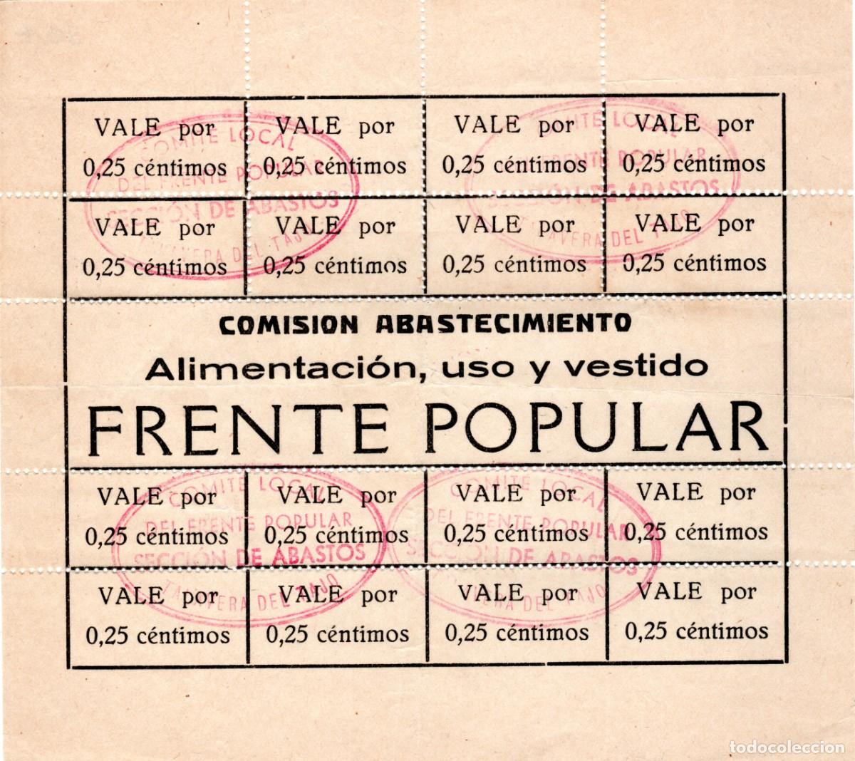 Sellos: FRENTE POPULAR. COMISI&Oacute;N ABASTECIMIENTO. ALIMENTACI&Oacute;N, USO Y VESTIDO. TALAVERA DE LA REINA (TOLEDO).