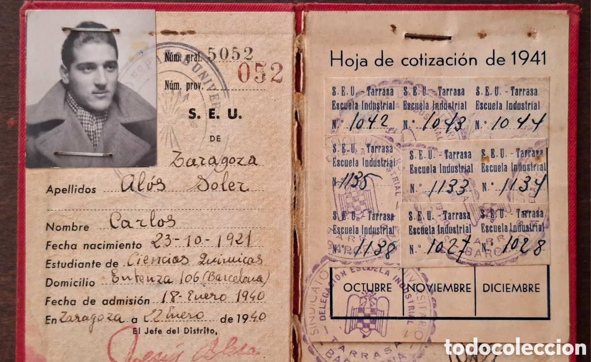 Sellos: Carnet Sindicato Universitario Espa&ntilde;ol de las FET y las Jons con vi&ntilde;etas cuotas 1940